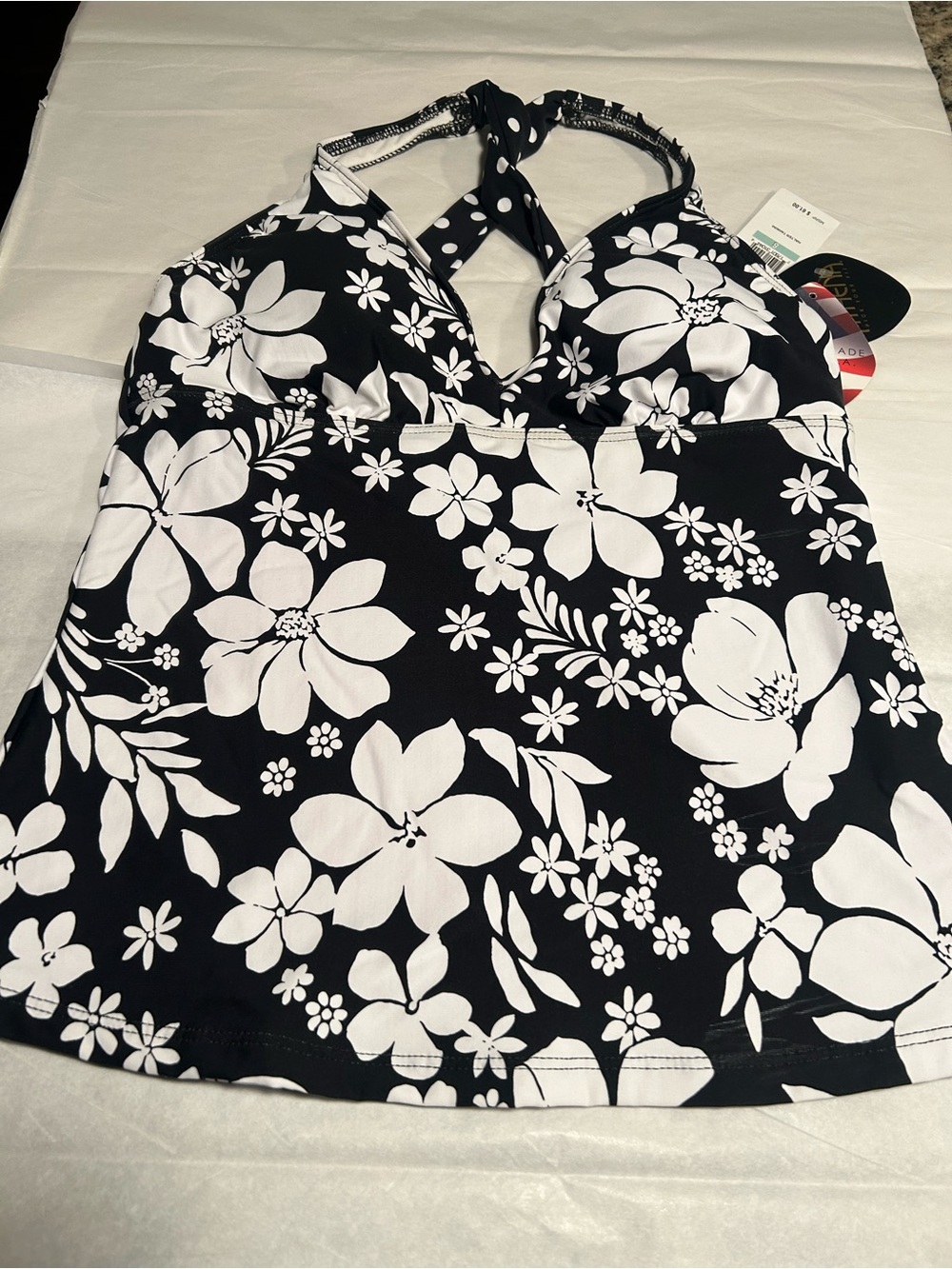 Athena Black and White Floral Halter Tankini Top